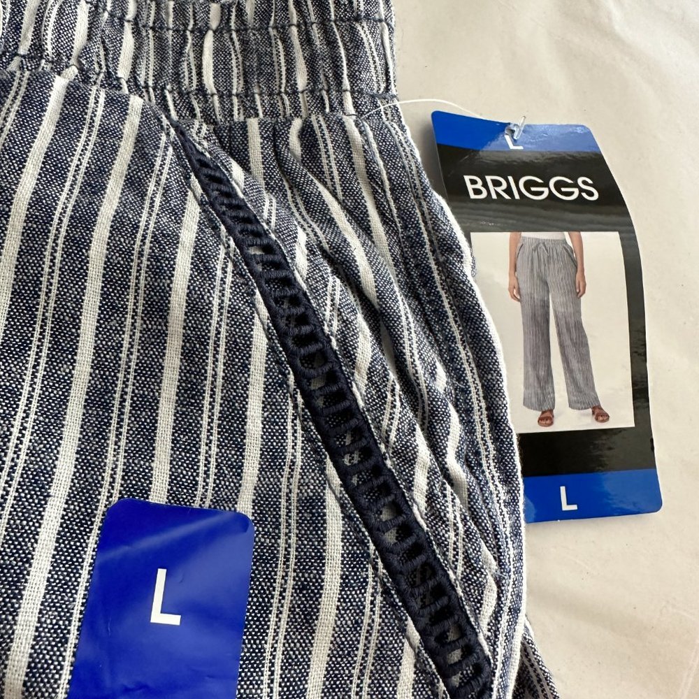 Briggs Women's Linen Blend Pant Size L Blue Striped Cottagecore Coastal Boho NEW - Picture 5 of 11